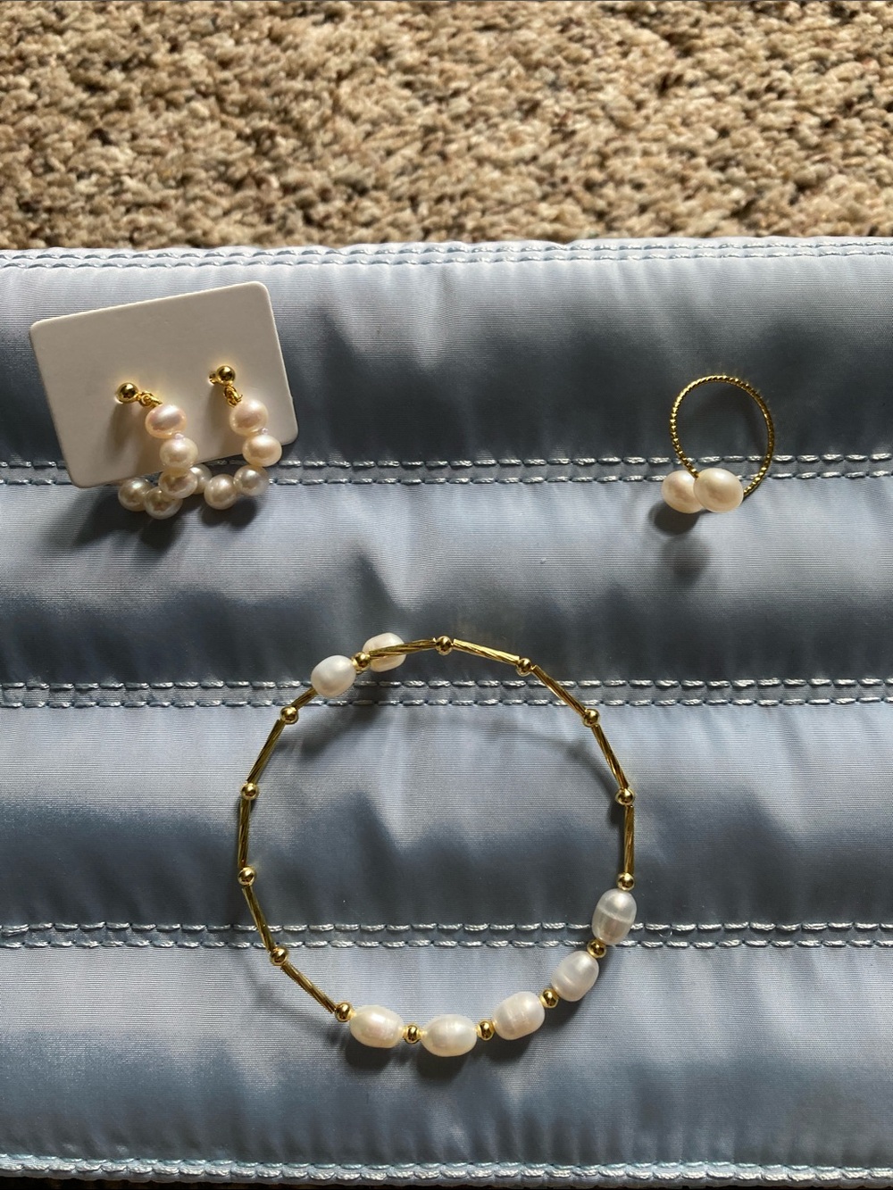 Gold and Real Pearl Bracelet, Ring & Earrings Set